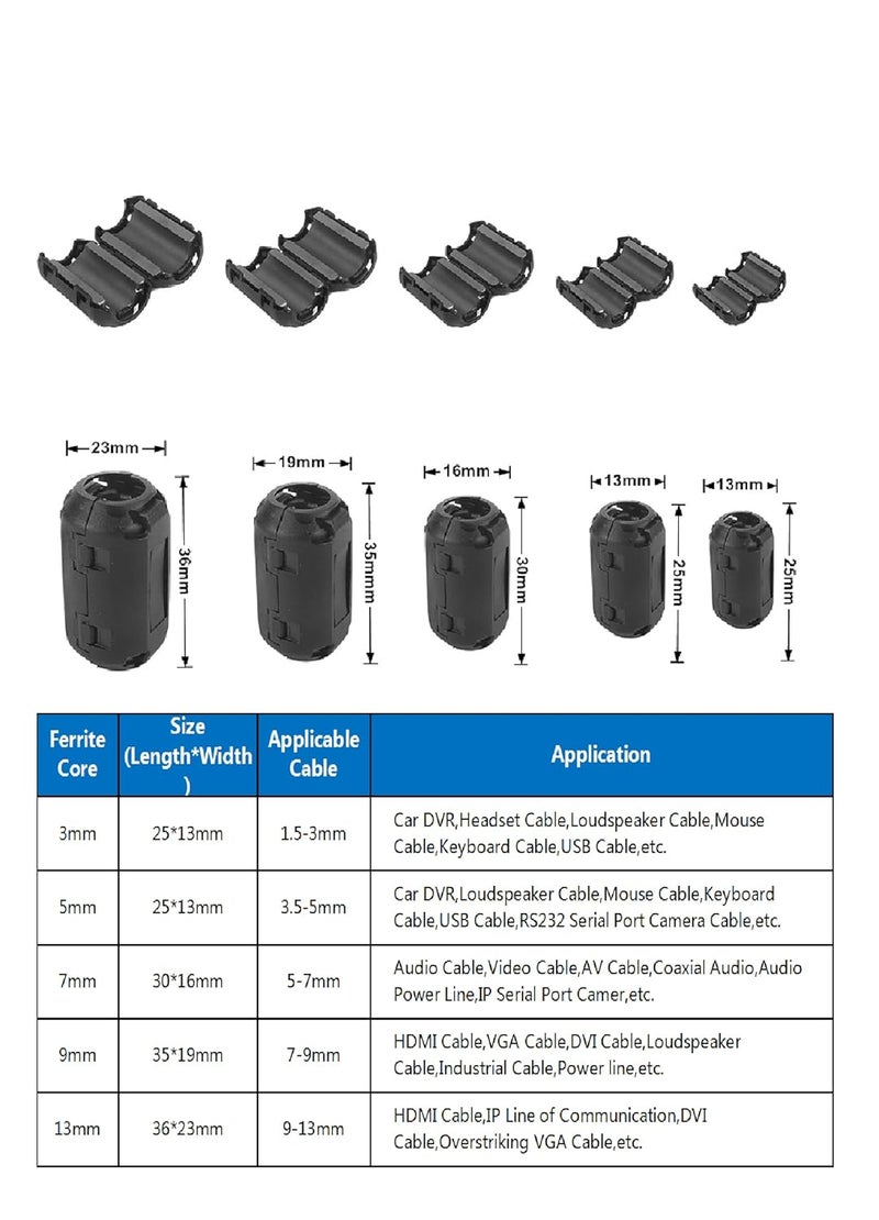 Mateda 80Pcs Clip-on Ferrite Ring Core RFI EMI Noise Suppressor Cable Clip for 3mm/5mm/7mm/9mm/13mm Diameter Cable Power Cord, Black - Image 2